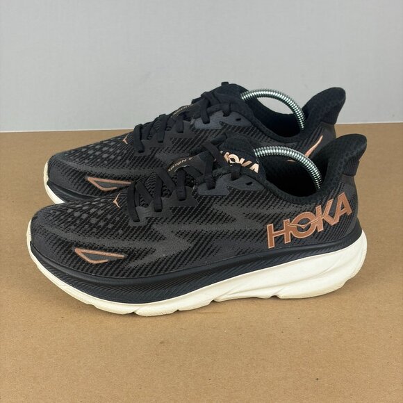 Hoka Clifton 9 Athletic Running Shoes Womens 7 Black Rose Gold Low Top Lace Up - Picture 10 of 10